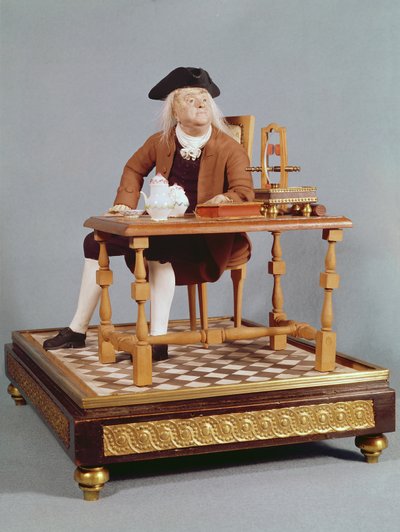 Modell von Benjamin Franklin (1706-90) an seinem Tisch, spätes 18. Jahrhundert von French School