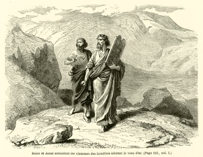 Mose und Josua hören die Schreie der Israeliten, die das goldene Kalb anbeten von French School