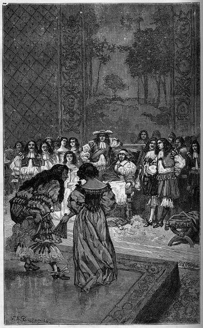 Molière und seine Truppe spielen vor König Ludwig XIV. und Kardinal Jules Mazarin (Giulio Raimondo Mazzarino) (1602-1661). Gravur in „Die illustrierte Welt“ 1886 von French School