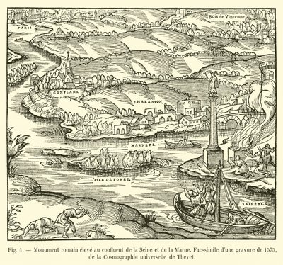 Römisches Denkmal am Zusammenfluss von Seine und Marne, Faksimile eines Stichs von 1575, aus der Cosmographie universelle von Thevet von French School