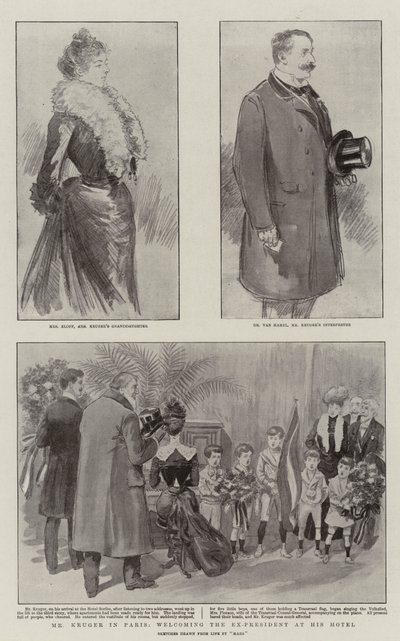 Herr Kruger in Paris, Begrüßung des Ex-Präsidenten in seinem Hotel (Lithographie) von French School