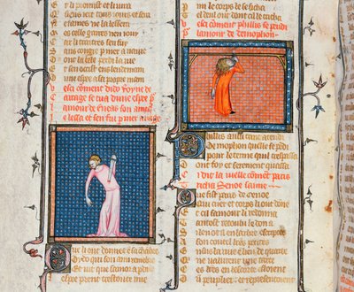Ms 1126 Der Selbstmord von Dido mit dem Schwert und der Selbstmord von Phyllis durch Erhängen, aus Le Roman de la Rose von Guillaume de Loris und Jean de Meung, ca. 1360-70 von French School
