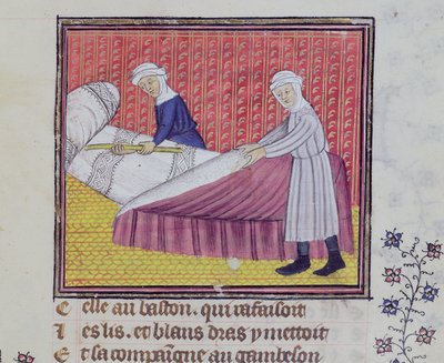 Ms 1130 fol.83r Keuschheit und Armut machen ein Bett, aus Le Roman des Trois Pelerinages von Guillaume de Digulleville von French School