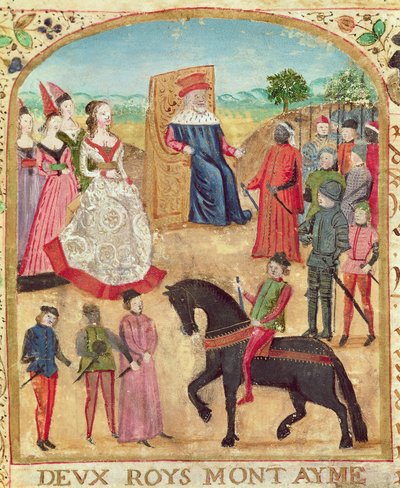 Ms 1335 f.1 Margarete von York wird ihrem zukünftigen Ehemann, Karl dem Kühnen, am 27. Juni 1468 in Damme vorgestellt von French School