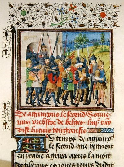 Ms 149 t.1 fol.45 Eine Armee auf Feldzug, aus der Histoire des Nobles Princes de Hainaut, von Jacques de Guise von French School