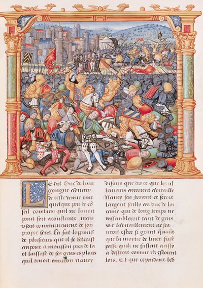 Ms 18 fol.150r Schlacht von Nancy 1477, aus den Memoires de Philippe de Commines von French School