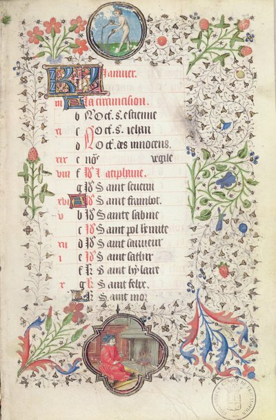 Januar: Wassermann und ein Mann, der sich am Herd wärmt, aus einem Stundenbuch, frühes 15. Jahrhundert von French School