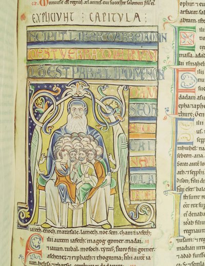 Ms 1 f.256 Historisierte Initiale A, die Generationen im Schoß Abrahams darstellt, aus der Souvigny-Bibel von French School