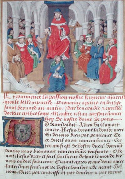 Ms 230 fol.1 Jean de Gerson (1363-1429) predigt die Passion am Morgen in der Kirche St. Bernard in Paris, aus Sermons sur la Passion et Traites Divers, ca. 1480 von French School