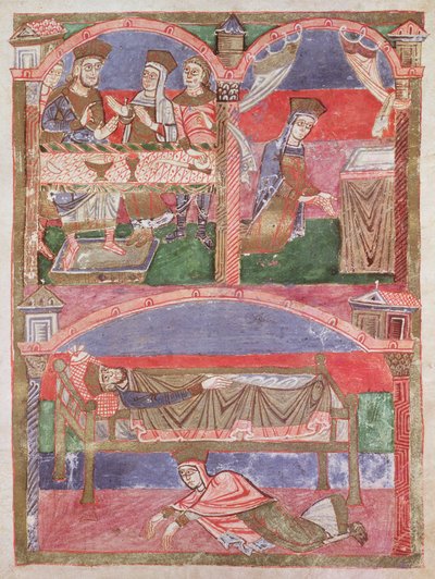 St. Radegund (518-87) am Tisch von Clothar I (497-561), in ihrem Oratorium und zu Füßen des königlichen Bettes, aus dem Leben der St. Radegund von French School