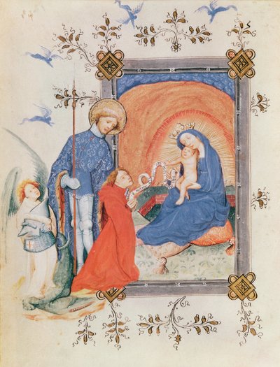 Ms 3024 fol.12v Jungfrau und Kind mit einem knienden Mann und St. Georg, aus einem Stundenbuch von French School