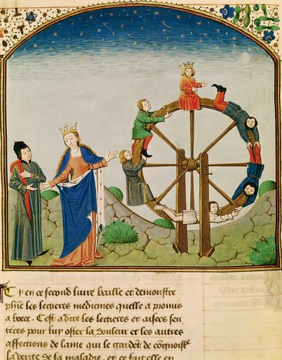 Ms 3045 fol.22v Boethius mit dem Rad der Fortuna, aus De Consolatione Philosophiae, übersetzt von Jean de Meung von French School