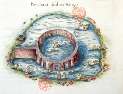 Die Bäder von Bourbon-Lancy, Illustration aus Generale Description du Bourbonnais von Nicolas de Nicolay, 1569 von French School