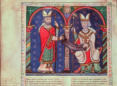 Rabanus Maurus (ca. 780-856) überreicht sein Buch Papst Gregor I. (540-604) aus der Abtei Anchin von French School