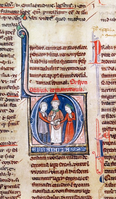 Ms 365 fol.318v Historisierte Initiale D, die eine Hochzeit darstellt, aus den Dekretalen von Gregor IX von French School