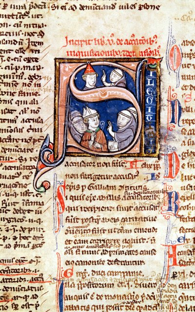 Ms 365 fol.350 Historisierte Initiale S, die Papst Gregor IX (1220-50) mit Bischöfen und Äbten darstellt, aus den Dekretalen von Gregor IX von French School