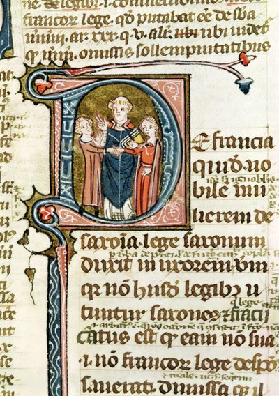 Historiierte Initiale D, die einen Priester zeigt, der eine Ehe segnet, aus 