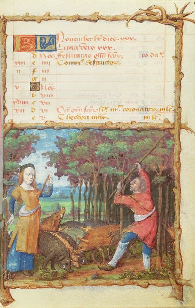 Ms 438 Der Monat November: Eicheln sammeln, aus einem Stundenbuch, 1490 von French School