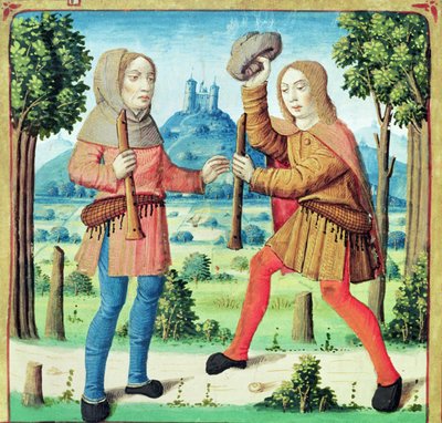 Ms 493 f.10v Die Hirten Dametas und Menalcas fordern sich gegenseitig zu einem musikalischen Wettstreit heraus, aus den Eklogen von Virgil mit einem Kommentar von Servius, 1469 von French School