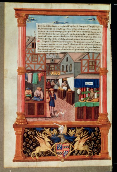 Ms 5062 fol.149v Eine Straße mit Geschäften und dem Wappen von Robert Stuart, Marschall von d