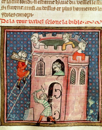 Der Bau des Turms von Babel, aus der Bible Historiale von Guiart des Moulins von French School
