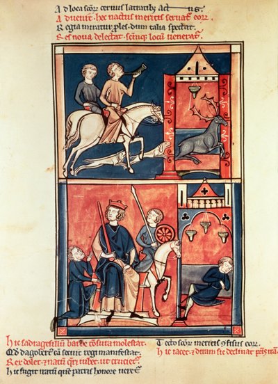 Ms Fr 1098 Eine Hirschjagd und ein König, möglicherweise Dagobert I (632-39) auf seinem Thron, aus dem Leben und den Wundern des St. Denis von French School