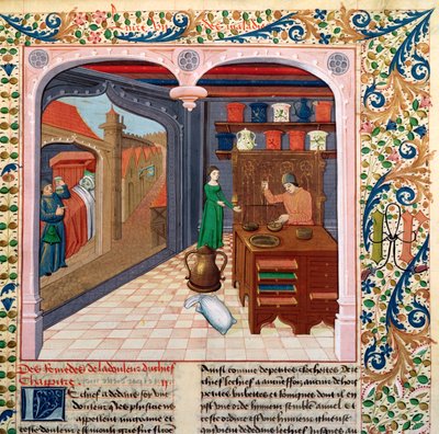Ein Patient in seinem Bett und ein Apotheker, der Medizin zubereitet, aus Le Livre des Proprietes des Choses von Barthelemy l