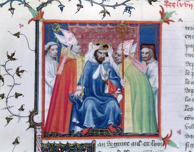 Ms. Fr. 2608 fol.335v Krönung von Philippe III (1245-85), aus den Grandes Chroniques de France, ca. 1400 von French School