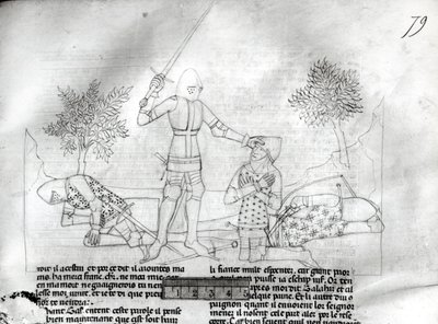 Ms Fr 343 f.79 Ein Ritter wird auf einem Schlachtfeld gerüstet, aus Lancelot du Lac von French School