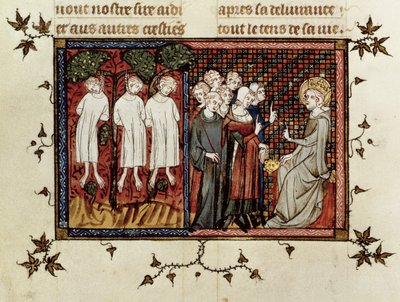 St. Louis spricht das Urteil und verurteilt Enguerrand de Coucy (1228-1311) für das Erhängen von drei jungen Adligen, aus Leben und Wunder des St. Louis, ca. 1330-40 von French School