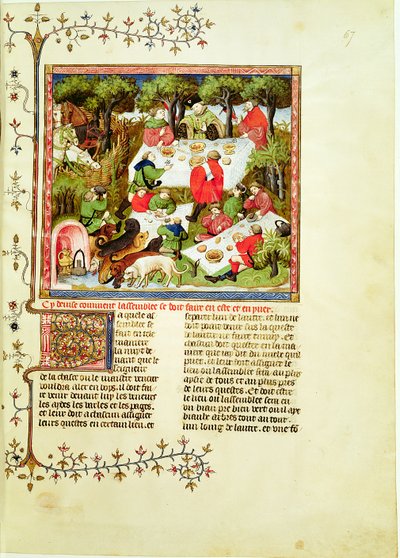 Jäger, die vor der Hirschjagd schmausen, aus Livre de la Chasse von Gaston Phebus de Foix (1331-1391) von French School