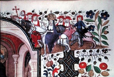 Ms Lat 1156b Fol.167 (Detail) des Papstes auf seinem Maultier mit seinem Gefolge, aus einer Illustration von Saint Peter, aus den Stunden von Marguerite d