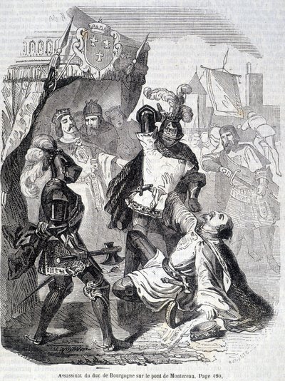 Mord am Herzog von Burgund (Jean sans peur) auf der Brücke von Montereau im Jahr 1419 - in „Histoire de France“ von L.-P. Anquetil von French School