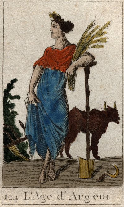 Mythos der Zeitalter der Menschheit: Darstellung des Silbernen Zeitalters als junge Frau mit einem Weizenkranz, nahe einem Pflug und einer Sichel. Aus „Mythologie der Jugend“ von Pierre Blanchard 1803 von French School