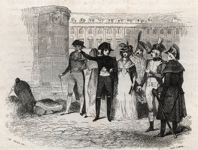 Napoleon spaziert mit Madame Tallien, geborene Theresa Cabarrus, Prinzessin von Caraman, Prinzessin von Caraman Chimay (1773-1835) Place Vendôme in Paris - Gravur in „Les rues de Paris“. Altes und modernes Paris: Ursprünge, Geschichte, Denkmäler, Kostüme,  von French School