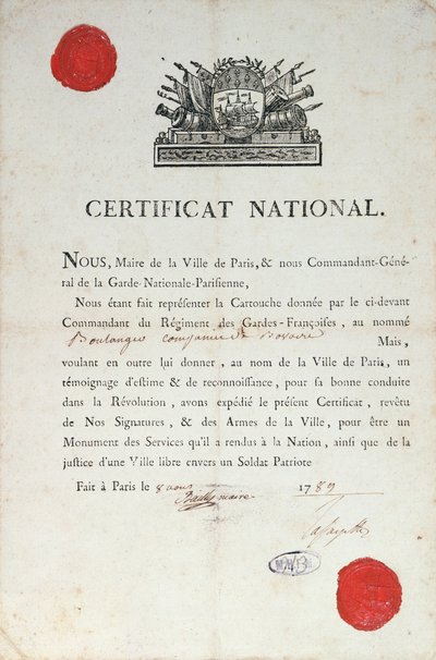 Nationales Zertifikat für gutes Verhalten während der Französischen Revolution, 8. August 1789 in Paris von French School