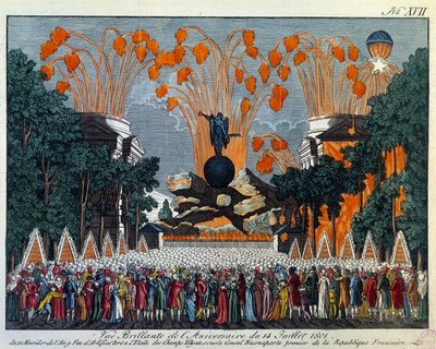 Nationalfeiertag am 14. Juli 1801 auf den Champs Elysees, Paris: Feuerwerk findet anstelle des Sterns auf den Champs Elysees in Paris statt. Druck von 1801 Paris, Musee Carnavalet von French School