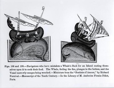 Seefahrer, die einen Walrücken für eine Insel gehalten haben und darauf sitzen, um ihr Essen zu kochen, aus dem Bestiaire d