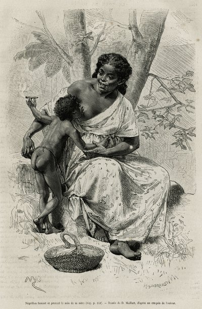 Negillon raucht und nimmt den Busen ihrer Mutter, in der Region Darien (östliches Panama), Gravur nach einer Zeichnung von D. Maillart, zur Illustration der Geschichte Exploration am Isthmus von Panama und Darien von A. Reclus, Schiffslieutenant, 1876-1878 von French School