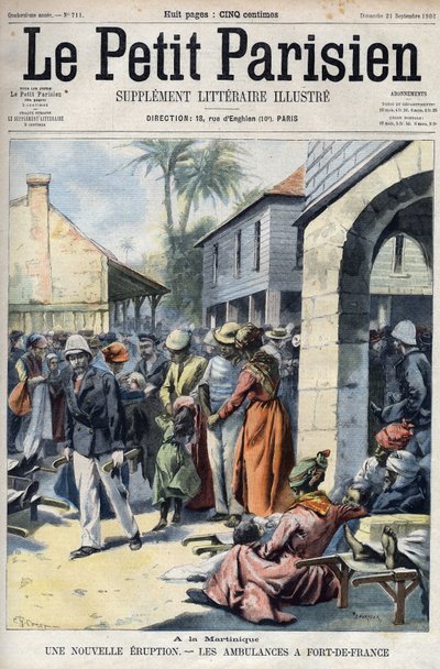 Neue Vulkanausbruch des Montagne Pelée Vulkans in Martinique: Krankenwagen in Fort-de-France. Gravur in "Le Petit Parisien" von French School