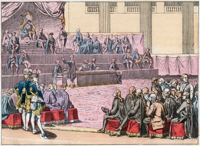 Eröffnung der Generalstände in Versailles am 5. Mai 1789, die die drei Stände (Klerus, Adel und Dritter Stand) zusammenbrachten - Eröffnung der Generalstände, 5. Mai 1789 - Gravur Ende des 19. Jahrhunderts in „Nos Gires Nationales“ von French School