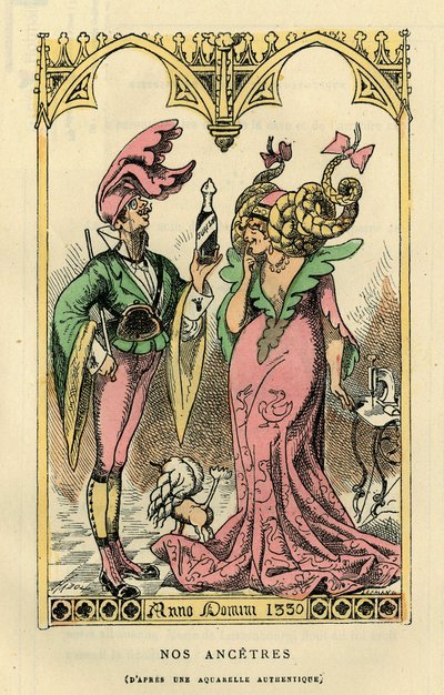 Unsere Vorfahren, Karikatur nach einem Aquarell von 1330. In „Histoire de France Tintamarresque“ von Touchatout, Paris von French School