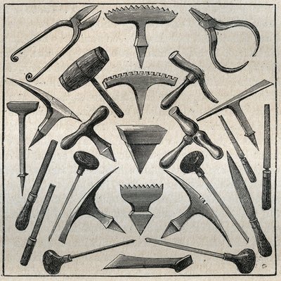 Werkzeuge des Goldschmieds. Gravur von 1885 in 