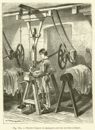 Arbeiter glättet Maroquin mit der Glättmaschine von French School