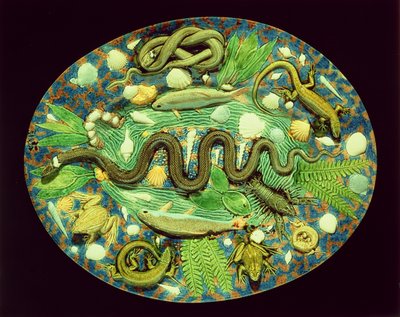 Ovaler Teller mit Fischen und Reptilien, Reproduktion von Bernard Palissy Ware von French School