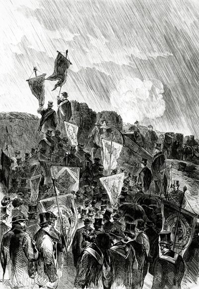Pazifistische Demonstration auf den Befestigungsanlagen durch Freimaurer am 28. April 1870, um die Einstellung der Bombardierung von Paris zu fordern, aus Le Monde Illustré, 5. Mai 1870 von French School