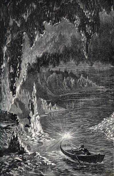 Padirac-Höhle im Département Lot, in Frankreich - Unterirdischer Fluss - Gouffre de Padirac - im Lot in Frankreich - Gravur in „PATRIE“ - BESCHREIBUNG PIQUE DE LA FRANCE IN 6 BÄNDEN VON LUCIEN HUARD - Ende des 19. Jahrhunderts von French School