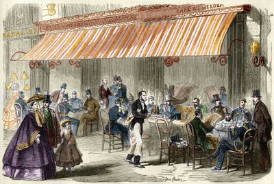 Paris im 19. Jahrhundert. Der Boulevard des Italiens im Jahr 1859: vor dem Café Helder um fünf Uhr nachmittags von French School
