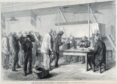 Parlamentswahlen: ein Wahllokal in Beauce - in „Le Monde Illustré“, März 1876 von French School
