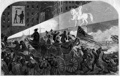 Feier auf den Straßen von New York (New York) zur Feier der Installation des transatlantischen Telegraphenkabels zwischen den Vereinigten Staaten (Vereinigte Staaten) und England im Jahr 1858. Gravur in „Le Monde Illustré“ Nr. 79 vom 16. Oktober 1858. von French School